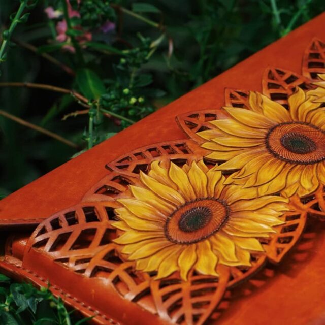 Handcrafted Leather Wallet with Sunflower Embossing - Image 4