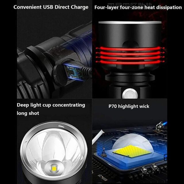 High Power XHP70 LED Tactical Flashlight USB Rechargeable - Image 5