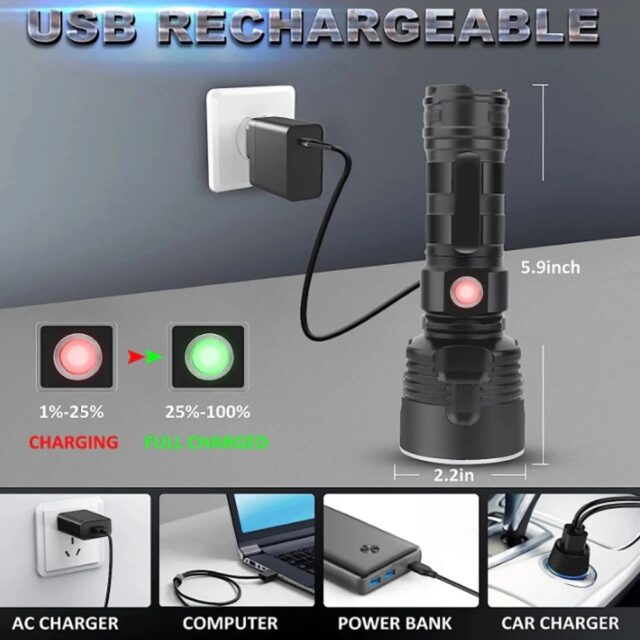 P70 Super Bright LED Flashlight, USB Rechargeable, Waterproof Torch - Image 4